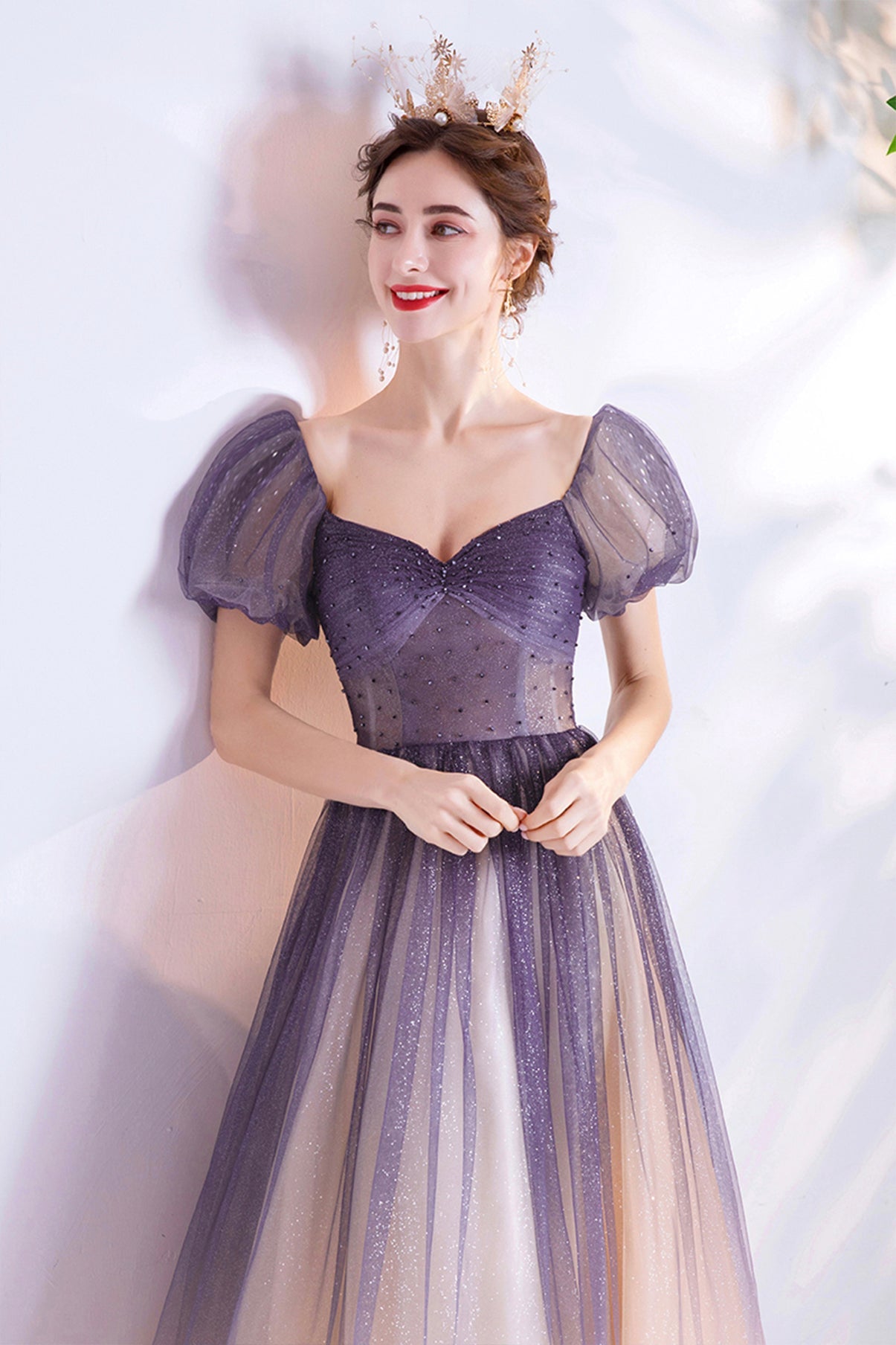 Purple tulle long A line prom dress evening dress 8771