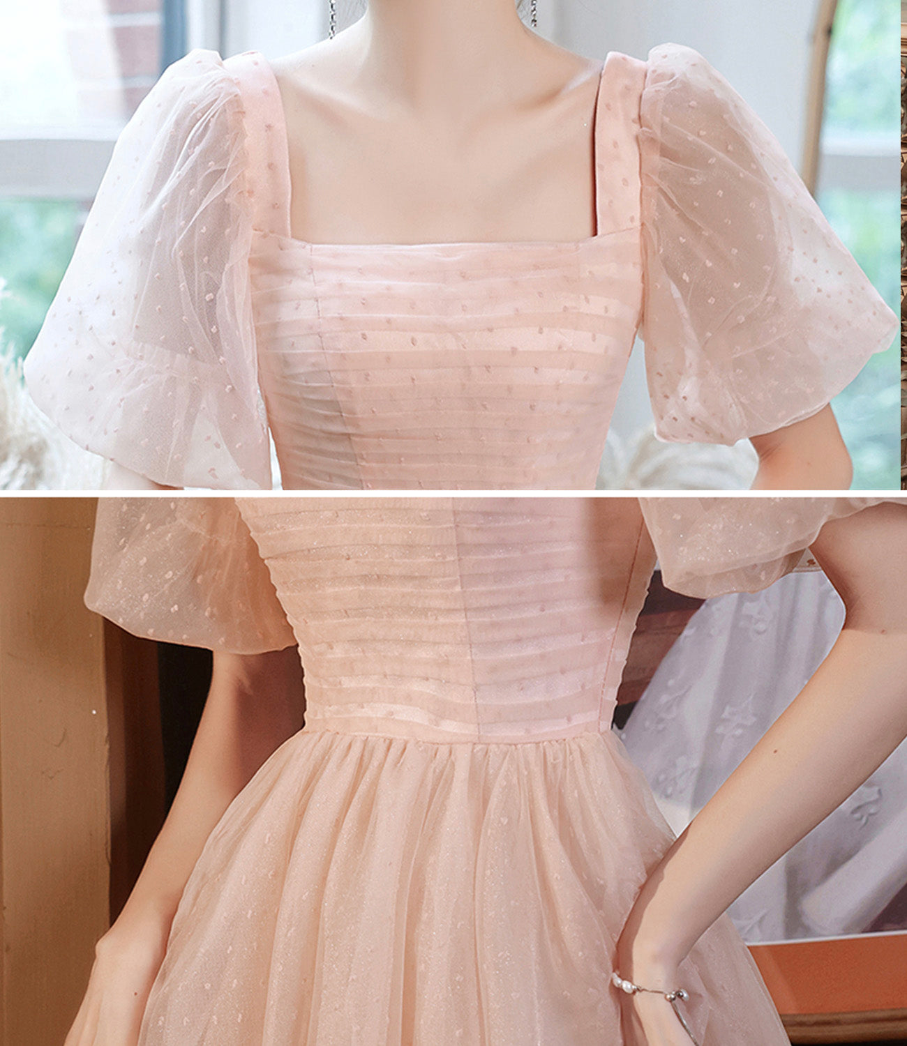 Pink tulle long A line prom dress pink evening gown 8943