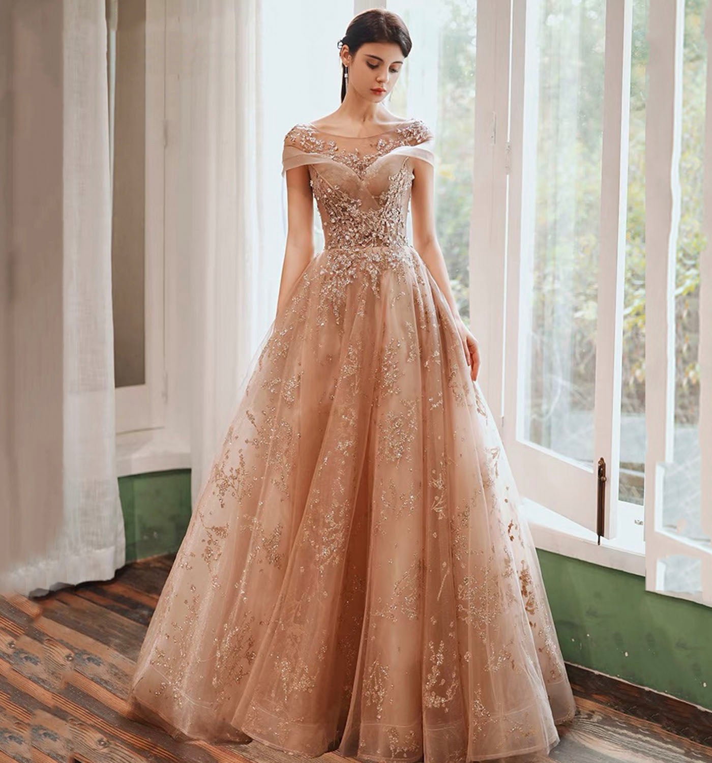 Shiny tulle sequins long prom dress formal dress 8977