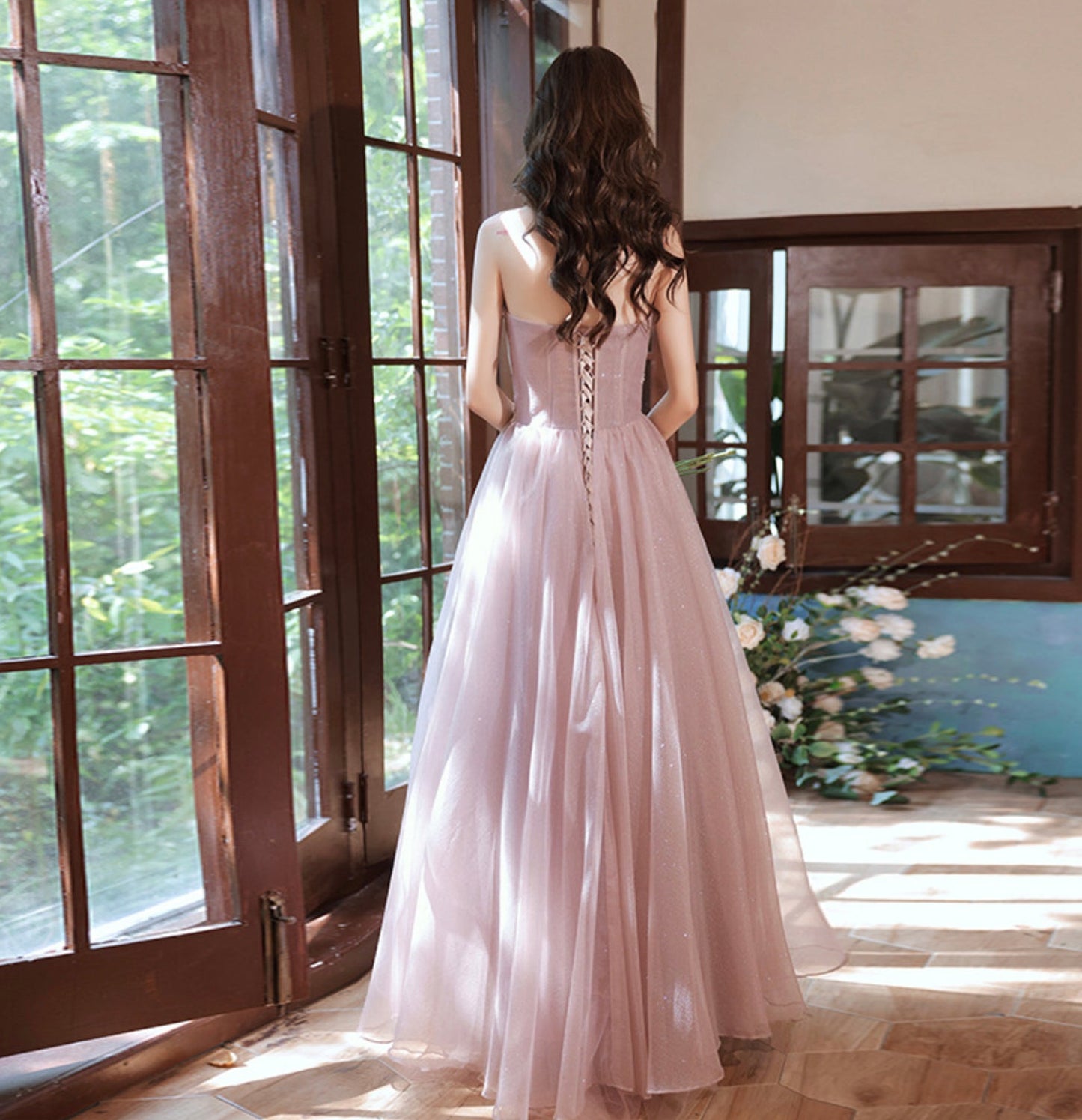 Pink tulle lace long A line prom dress evening gown 8952