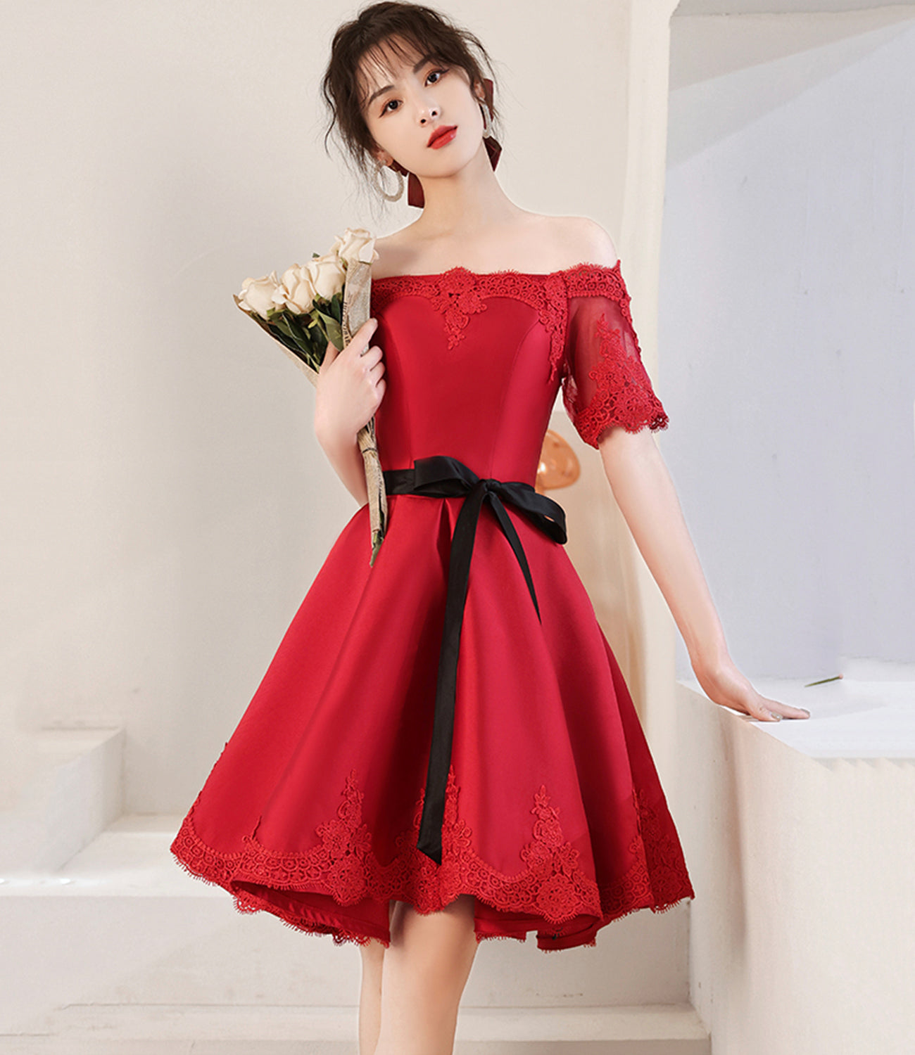 Red satin lace short prom dress red homecoming dress 8960