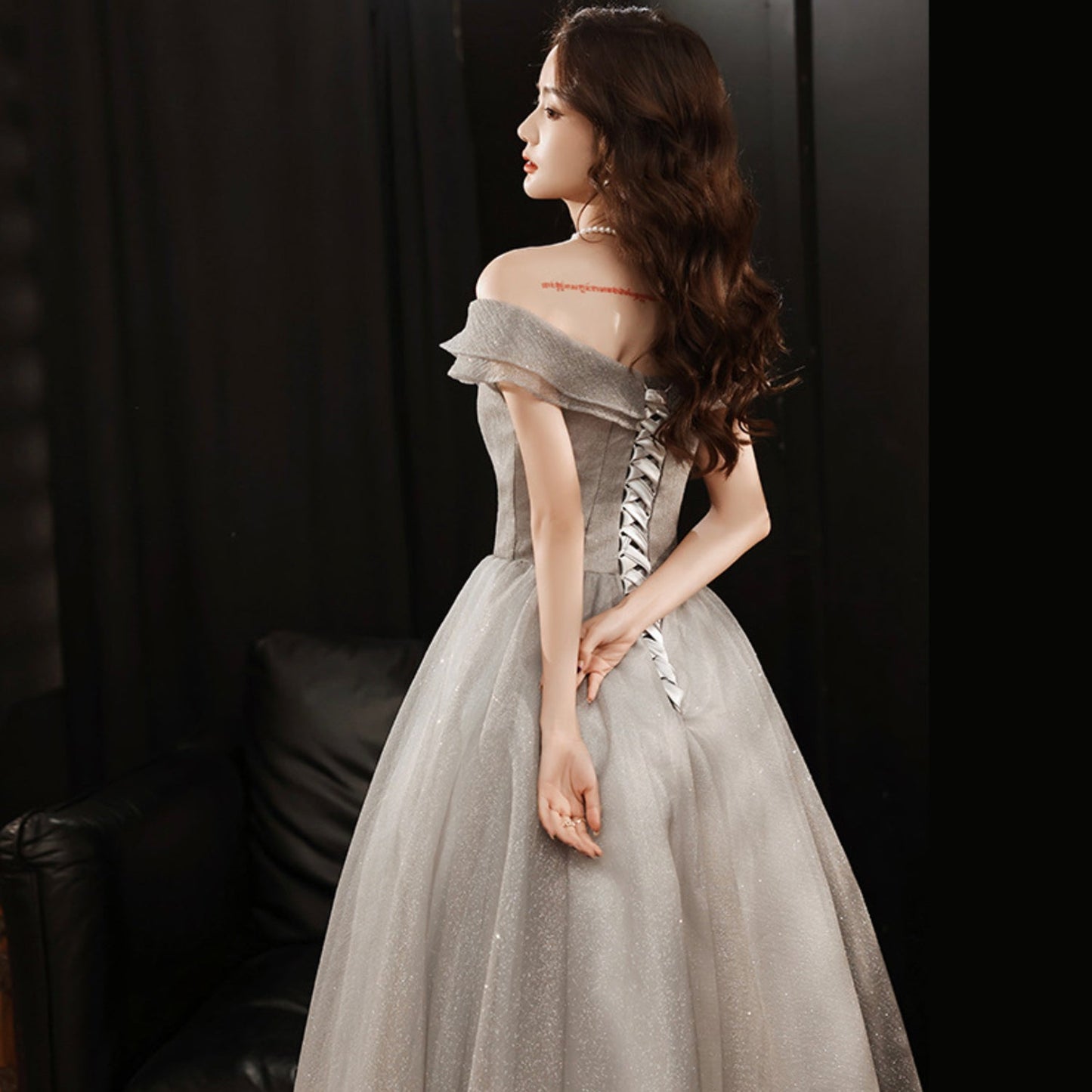 Cute tulle sequins long prom dress A line evening dress 8965