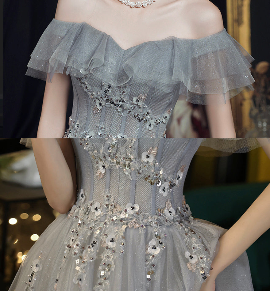 Gray tulle lace long prom dress evening dress 8436