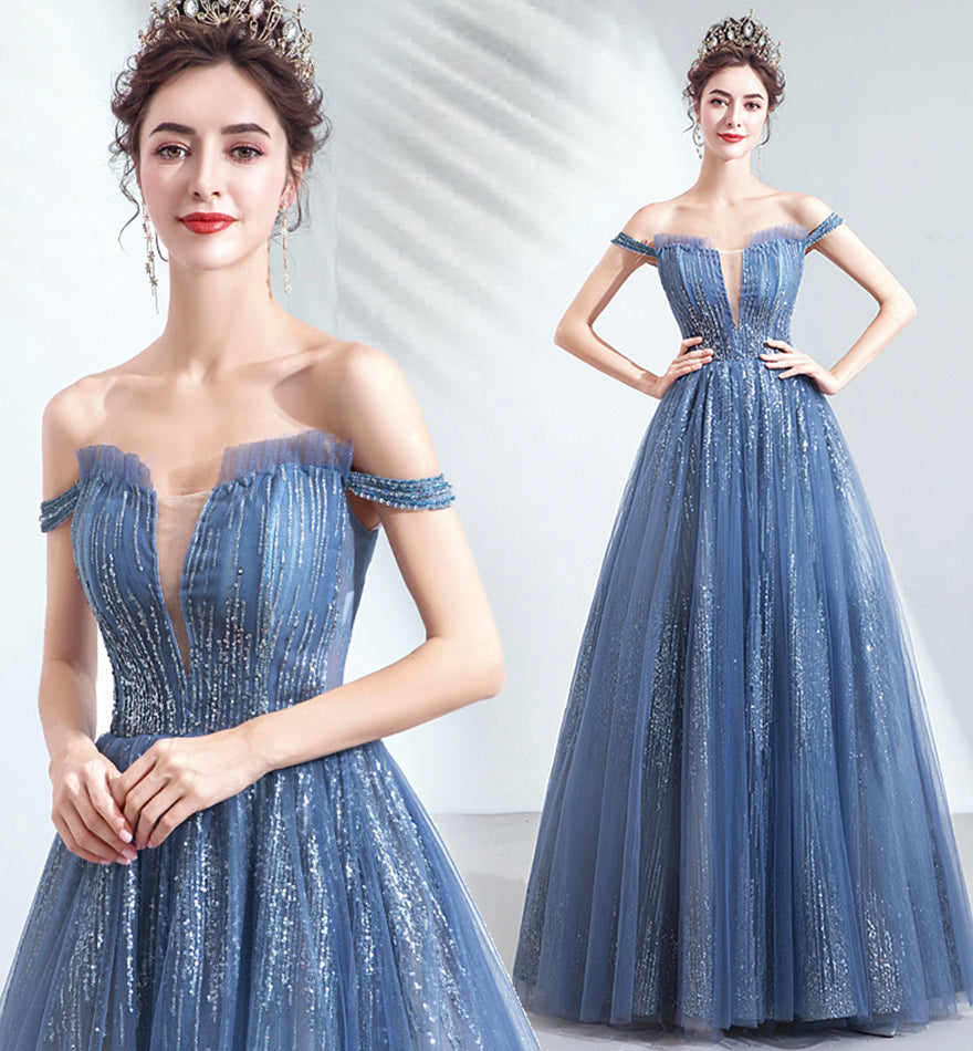 Blue tulle sequins long prom dress evening dress 8433