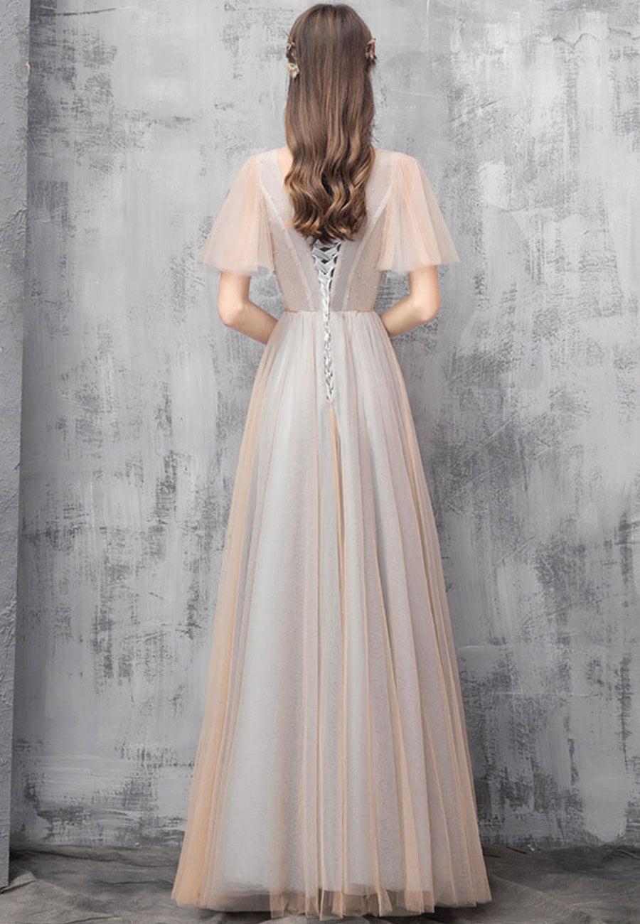Champagne tulle beads prom dress evening dress 8494