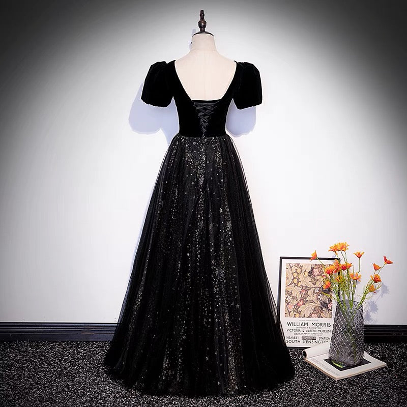 Black velvet tulle long prom dress A line evening gown 10106