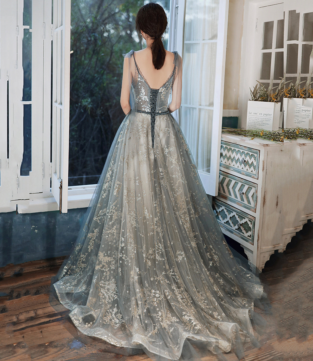 Gray tulle sequins long prom dress evening gown 10121