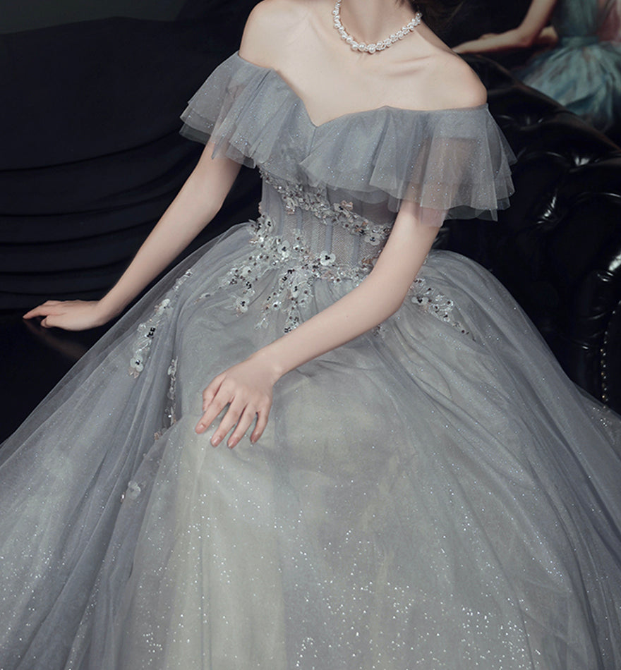 Gray tulle lace long prom dress evening dress 8436
