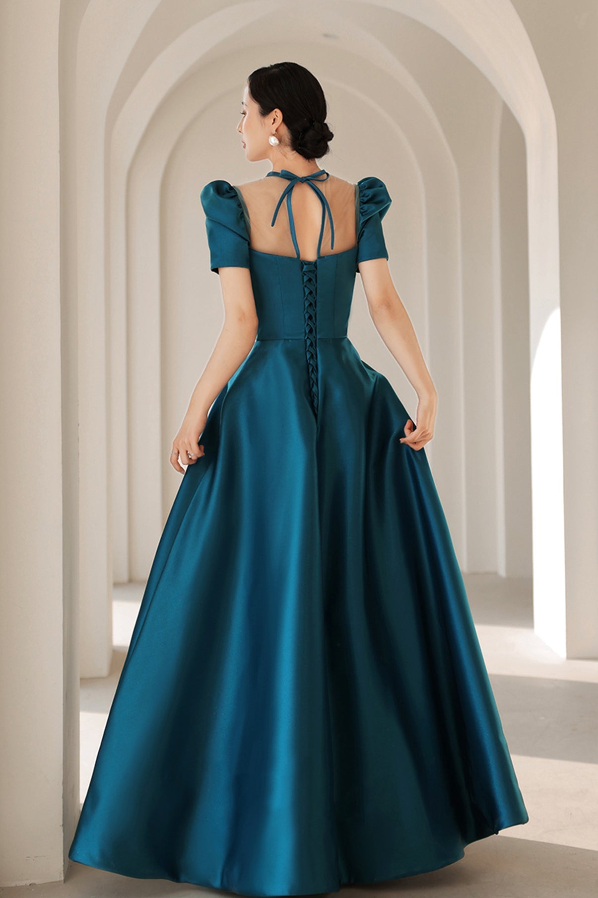 Blue satin long A line prom dress blue evening dress 8784