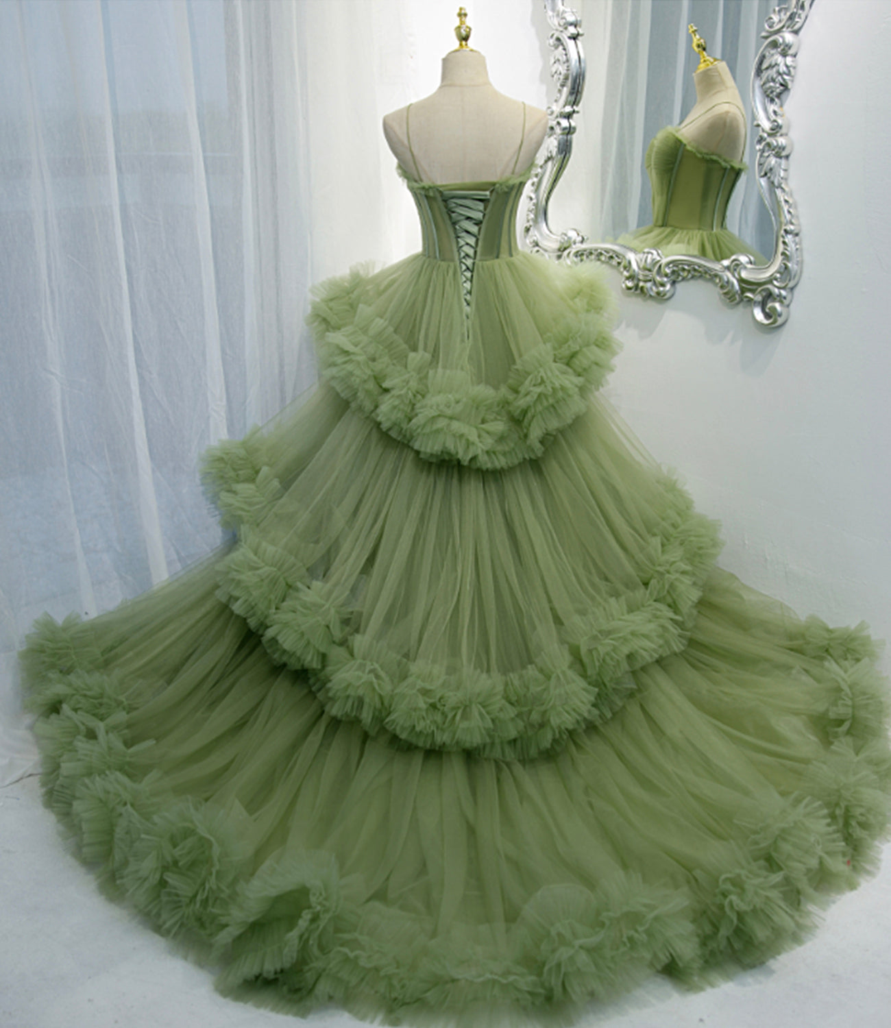 Green tulle long A line prom dress green evening dress 8836