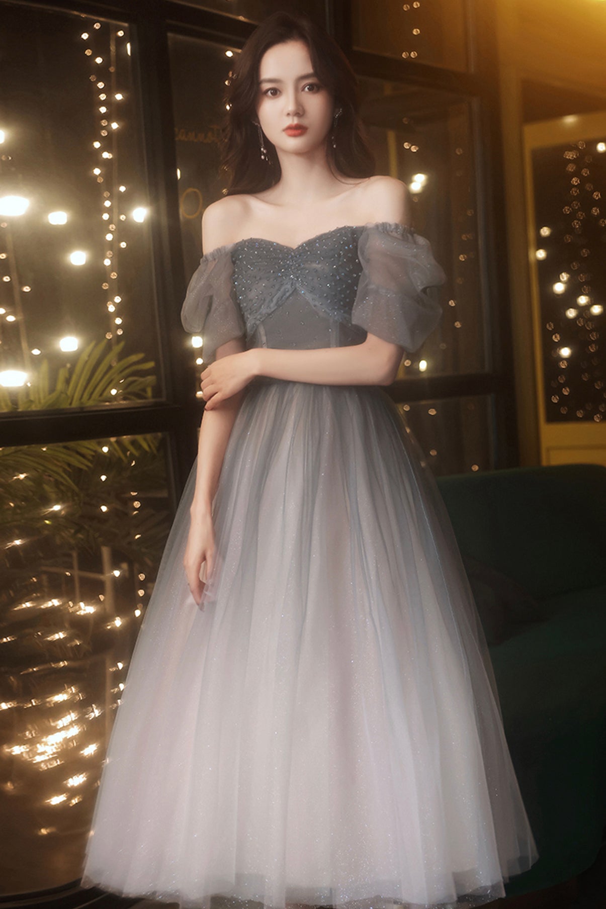 Gray tulle short A line prom dress homecoming dress 8778