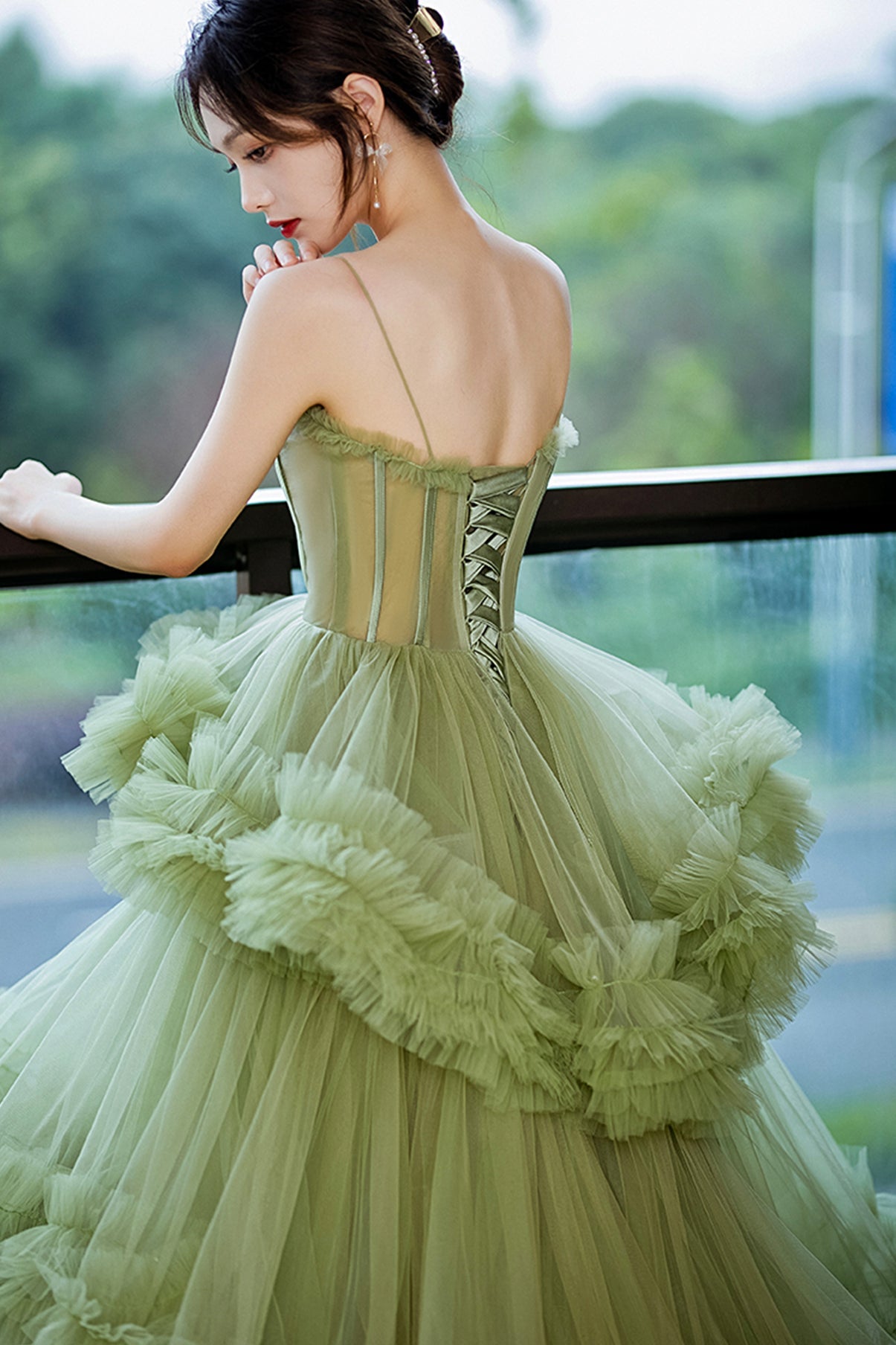 Green tulle long A line prom dress green evening dress 8809