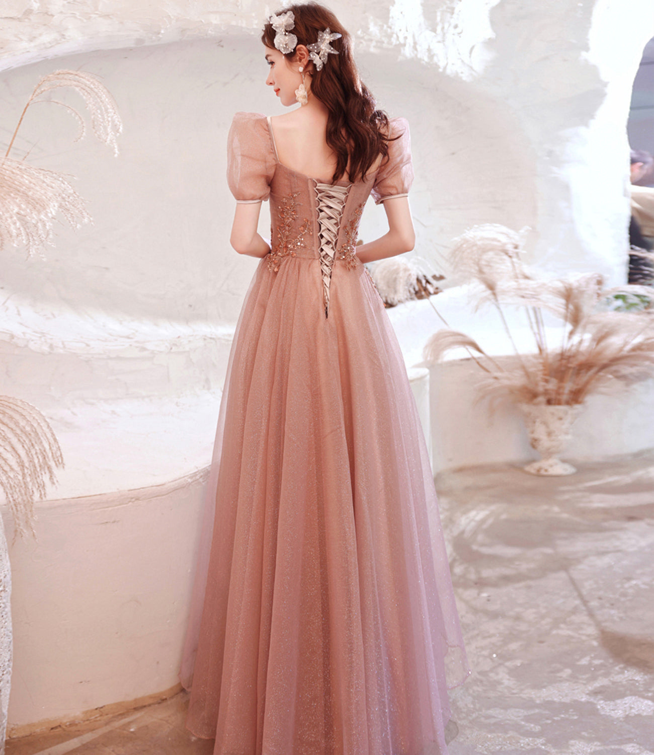 Pink tulle sequins long A line prom dress evening dress 8796