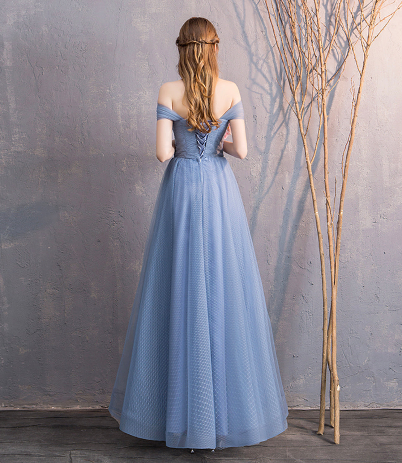 Blue tulle long prom dress simple evening dress 8866