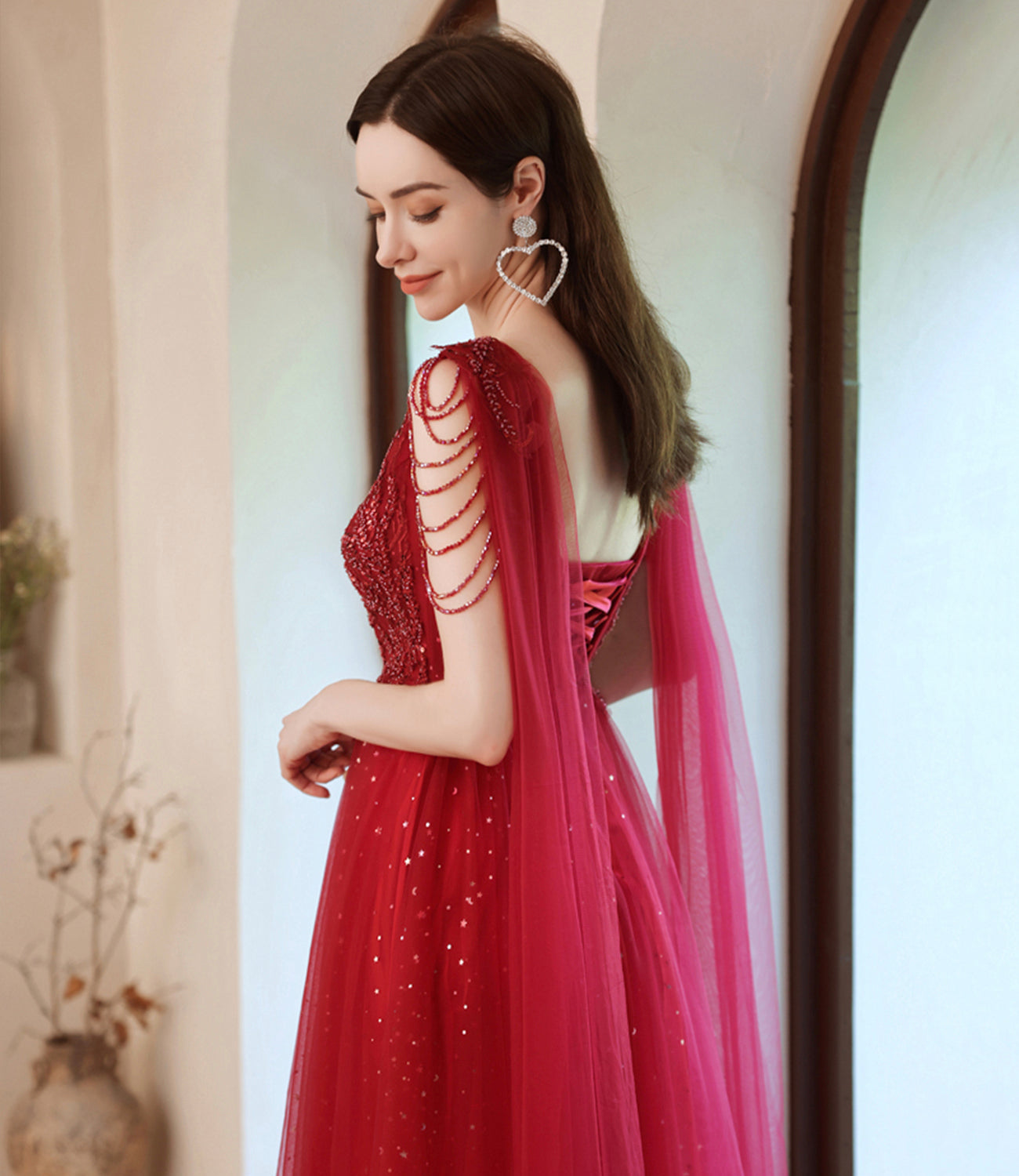 Red tulle beads long A line prom dress evening dress 8794