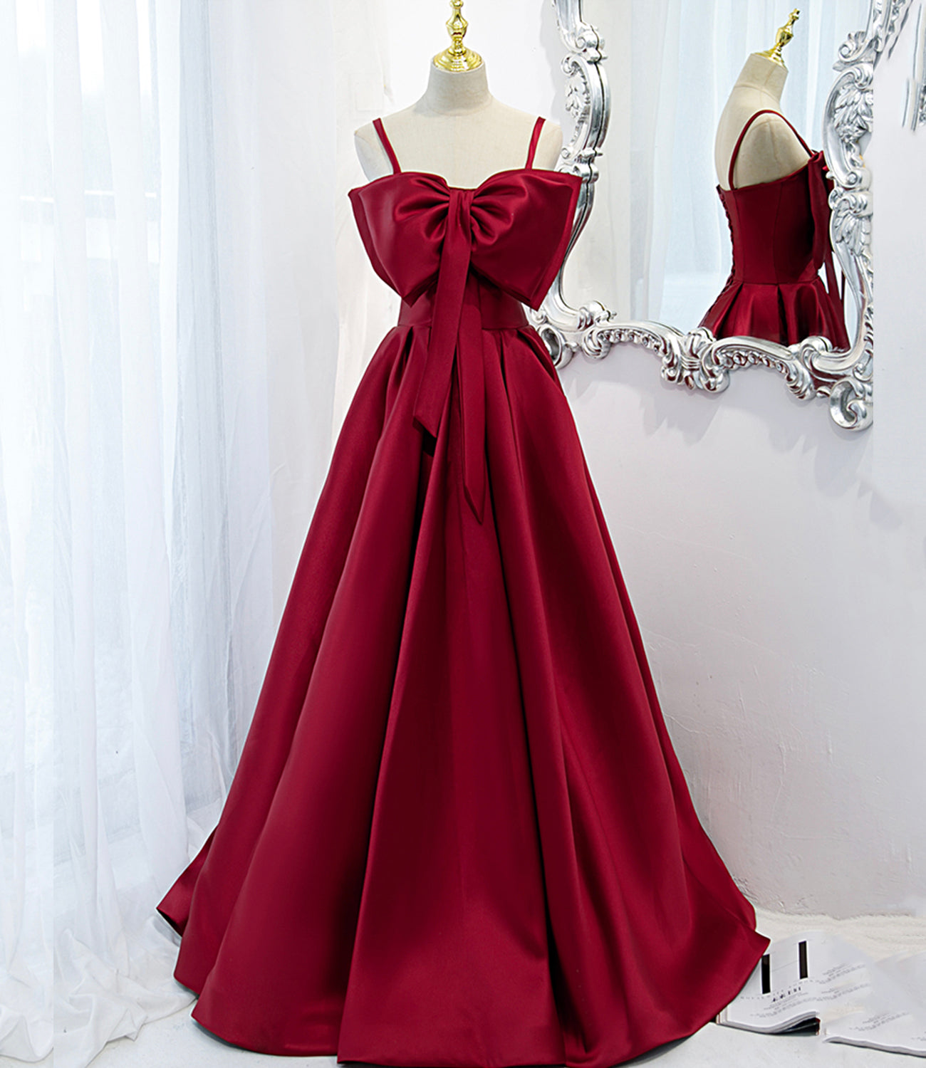 Burgundy satin long A line prom dress evening dress 8825