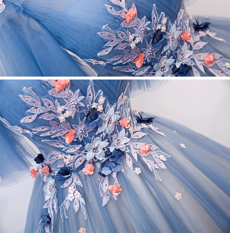 Blue v neck tulle lace long prom dress formal gown 8214