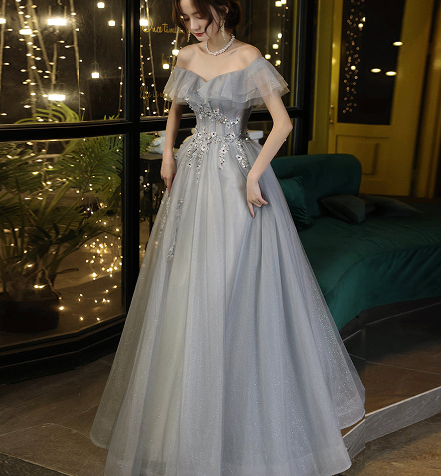 Gray tulle lace long prom dress evening dress 8436