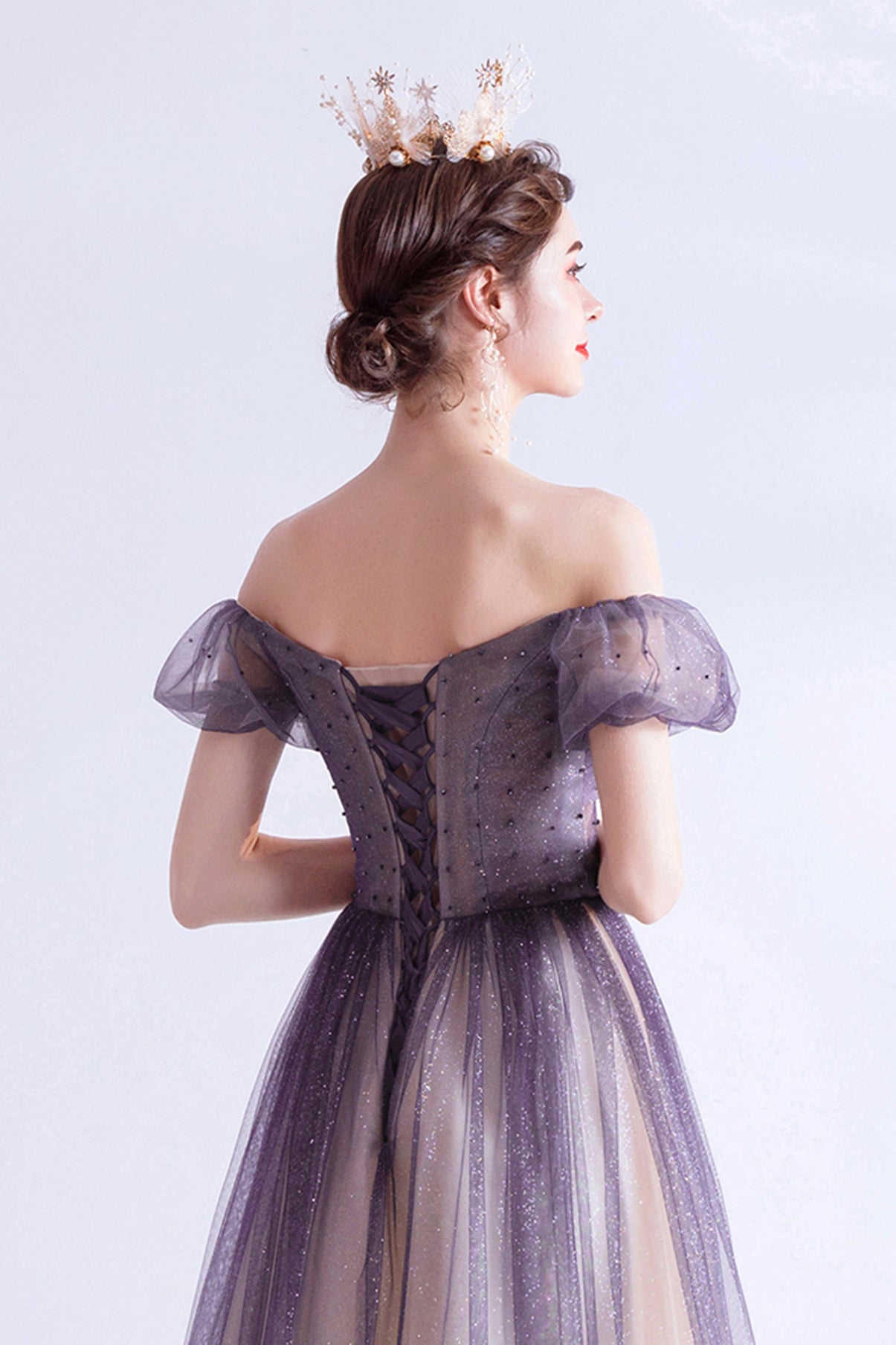 Purple tulle long A line prom dress evening dress 8771