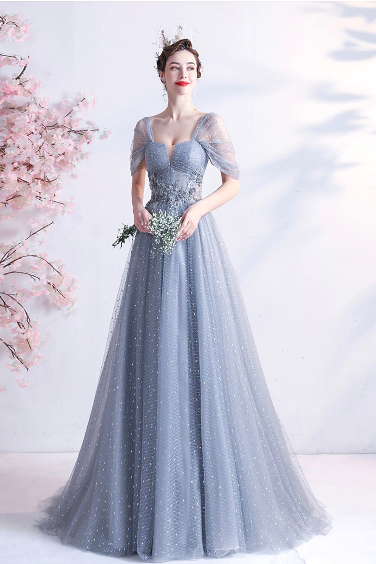 Gray tulle long A line prom dress gray evening dress 8770