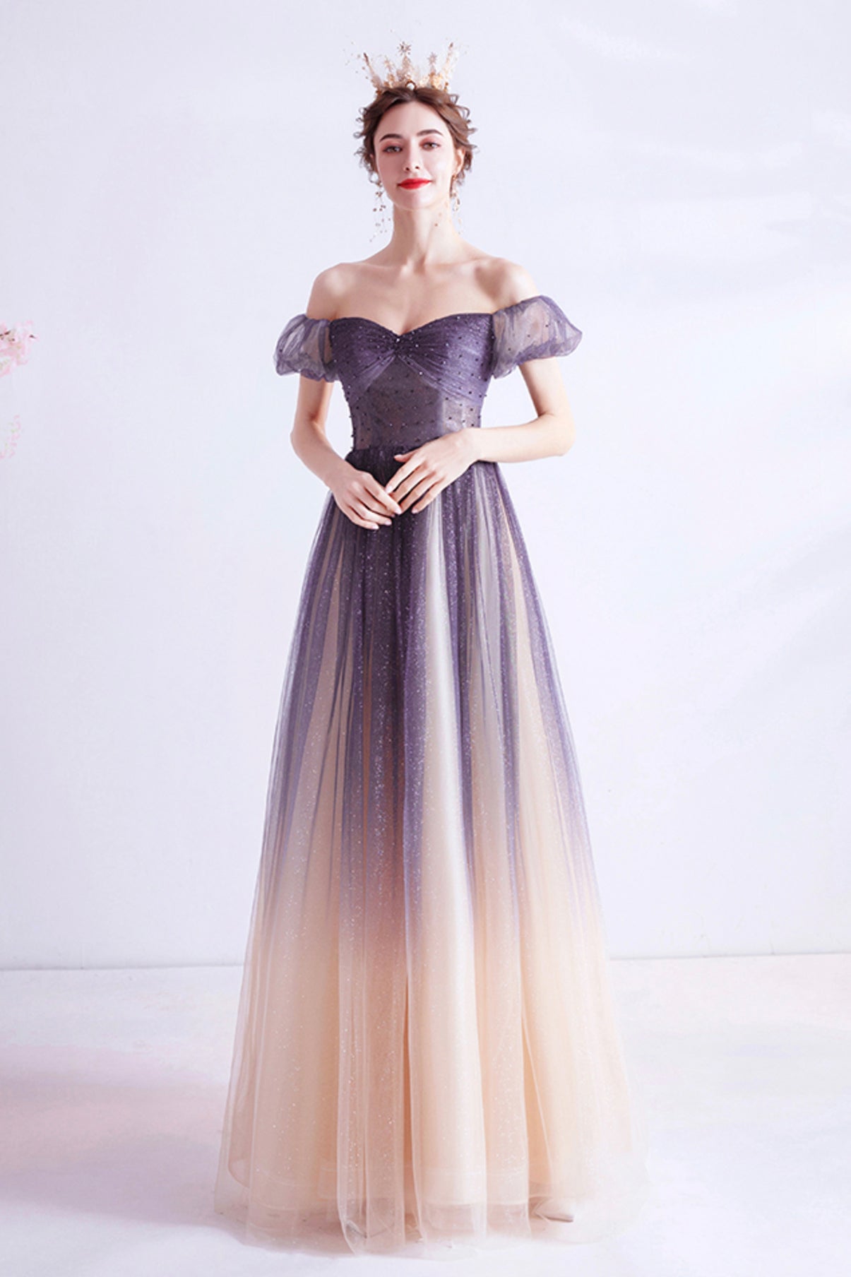 Purple tulle long A line prom dress evening dress 8771