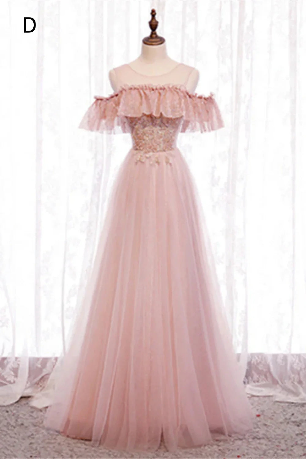 Pink tulle lace long prom dress evening dress 8349