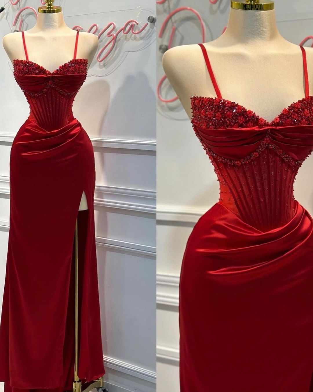 Vestido de fiesta rojo con espalda abierta y abertura, vestido de noche largo ajustado