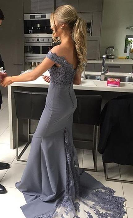 Off The Shoulder Satin Lace Prom Dresses, Grey Long Bridesmaid Dresses GB203