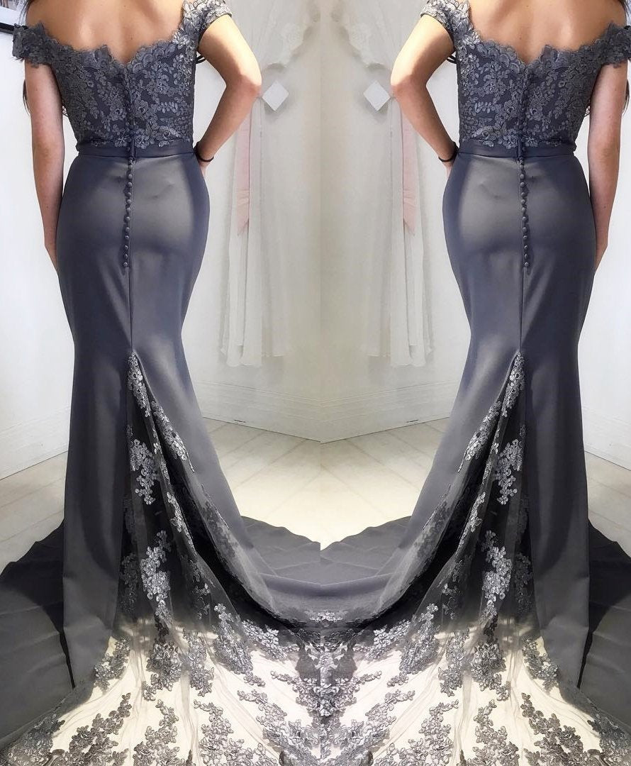 Off The Shoulder Satin Lace Prom Dresses, Grey Long Bridesmaid Dresses GB203