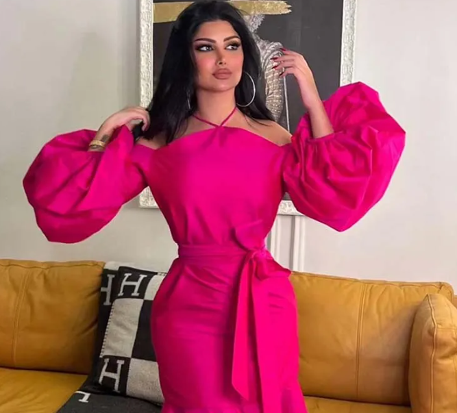 Vestido de fiesta midi con mangas abullonadas y cuello halter rosa intenso, vestido de novia, vestido formal
