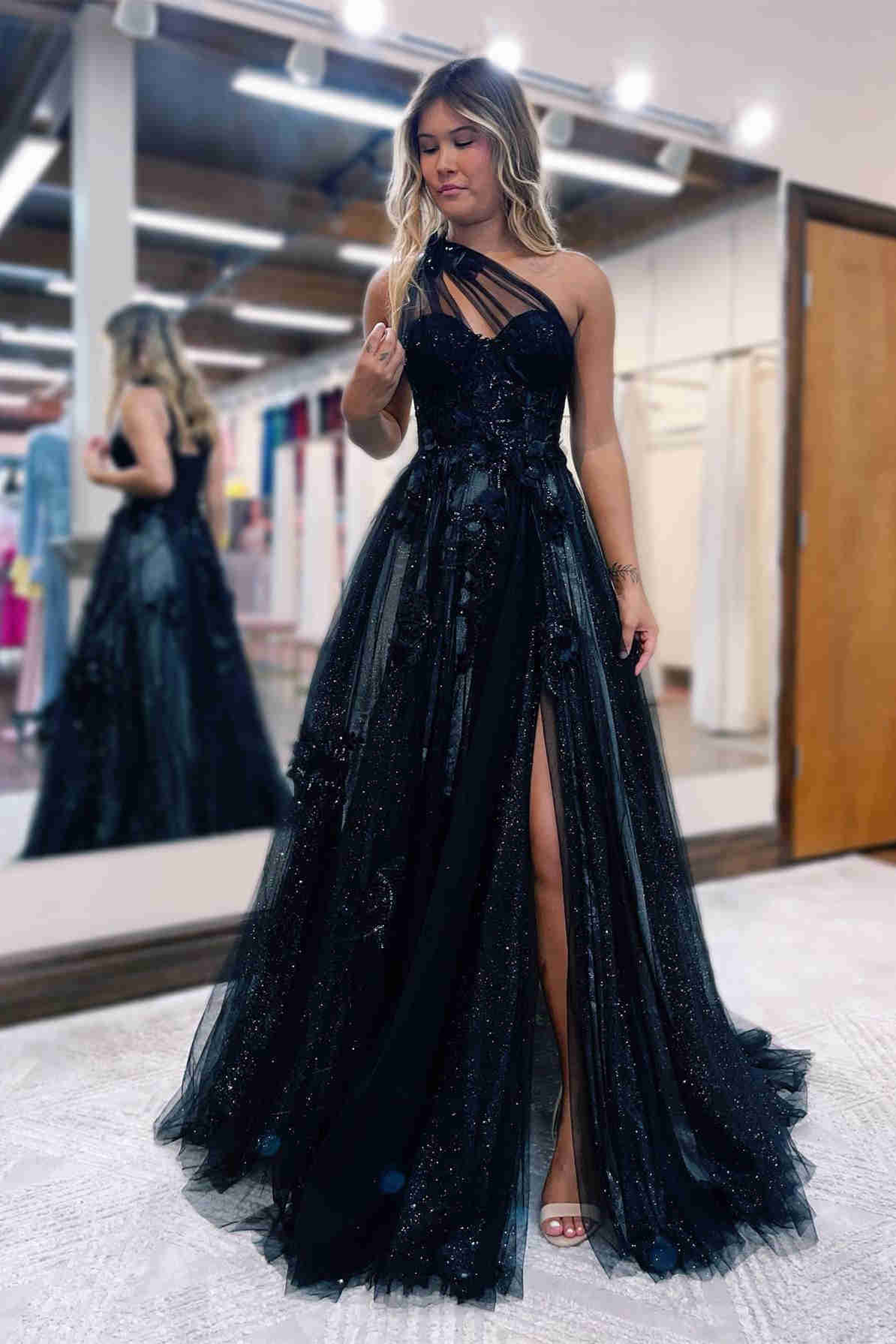 Vestido de fiesta lavanda con escote corazón y un hombro con flores, vestidos de graduación con aberturas