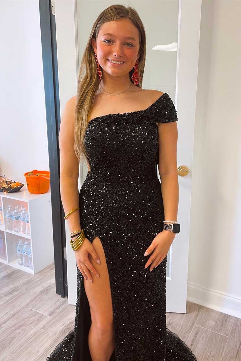 Vestido de fiesta largo negro con lentejuelas y un solo hombro, vestidos de noche formales rosas