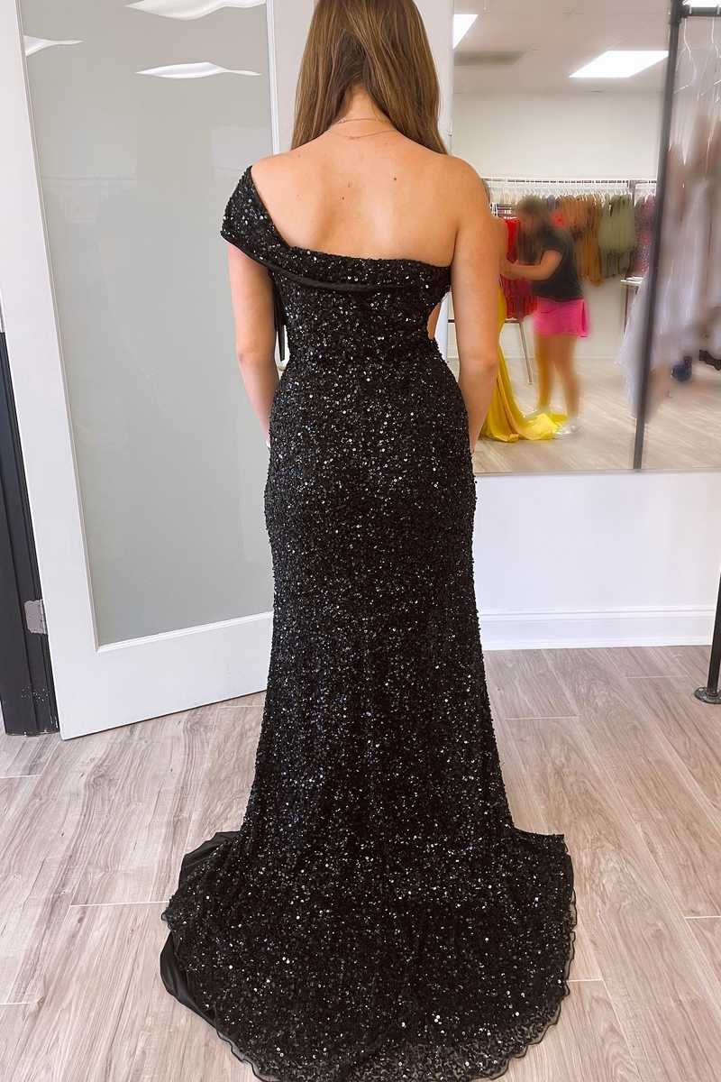 Vestido de fiesta largo negro con lentejuelas y un solo hombro, vestidos de noche formales rosas