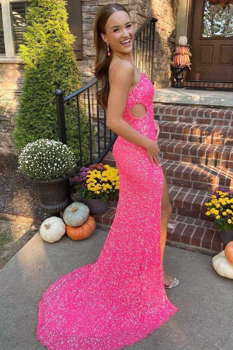 Vestido de fiesta largo negro con lentejuelas y un solo hombro, vestidos de noche formales rosas