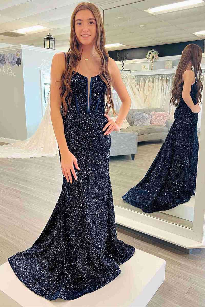 Vestido de fiesta de sirena con tirantes y escote pronunciado, lentejuelas azul marino, vestidos de noche rojos