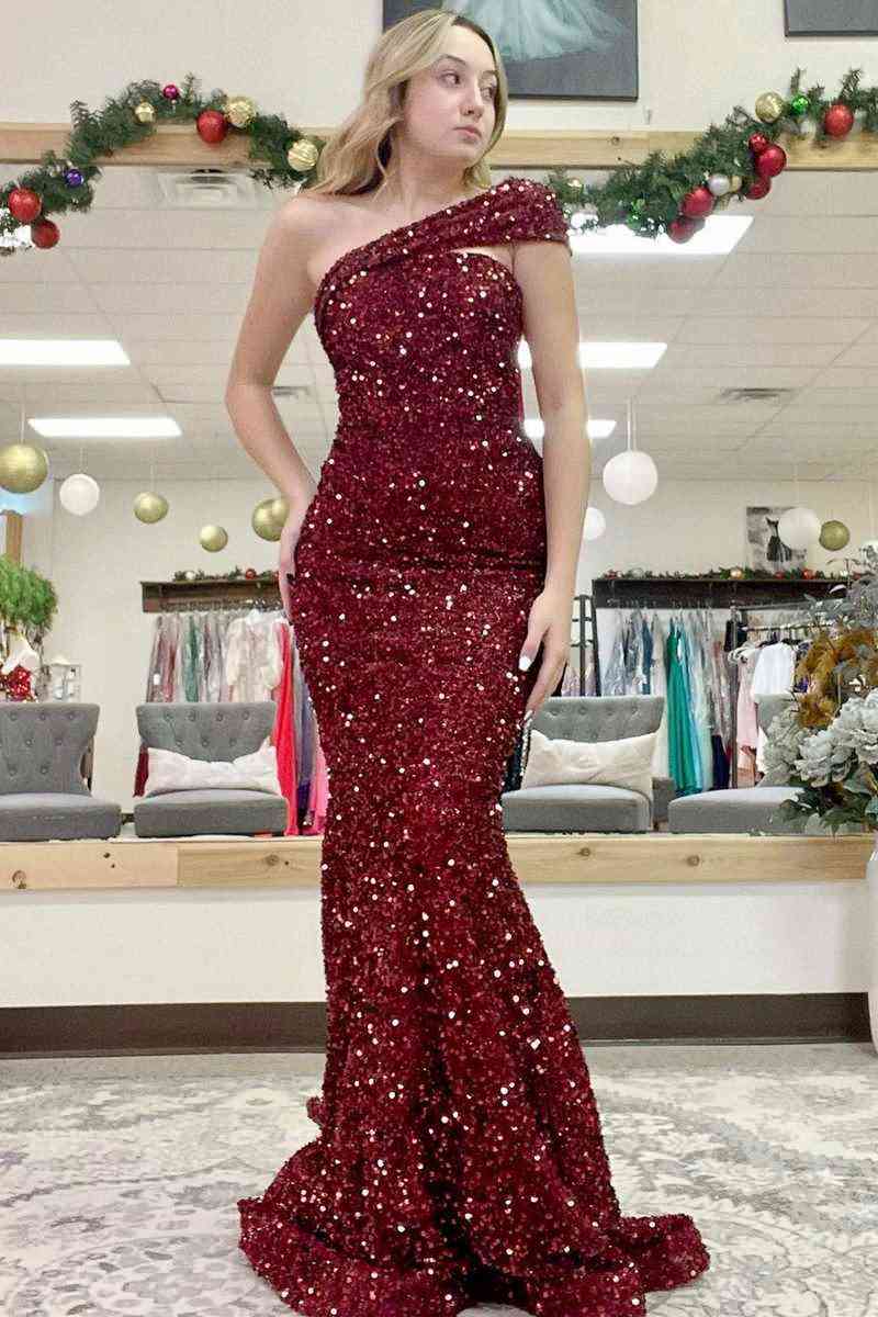 Vestido de fiesta largo de sirena con un solo hombro en rosa intenso, vestidos de cena rojos