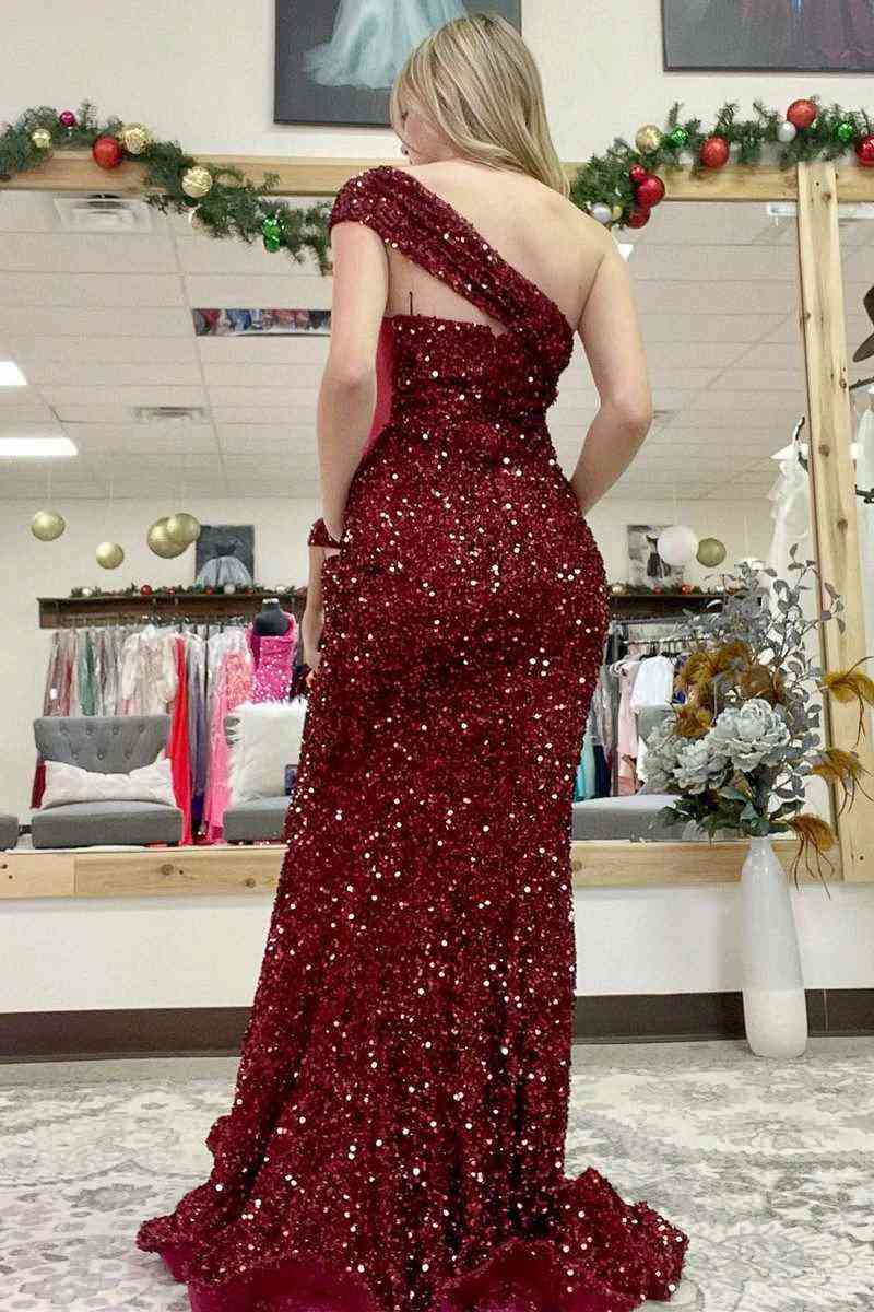 Vestido de fiesta largo de sirena con un solo hombro en rosa intenso, vestidos de cena rojos
