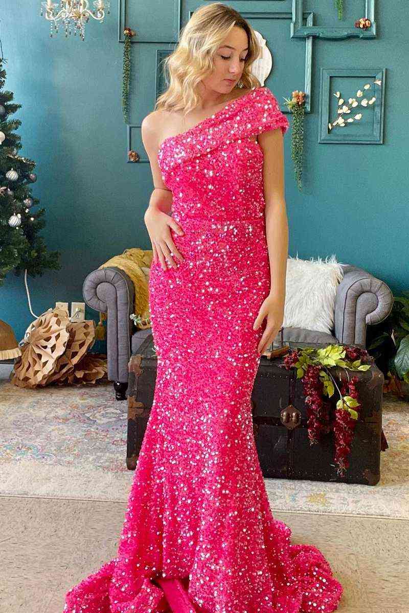 Vestido de fiesta largo de sirena con un solo hombro en rosa intenso, vestidos de cena rojos