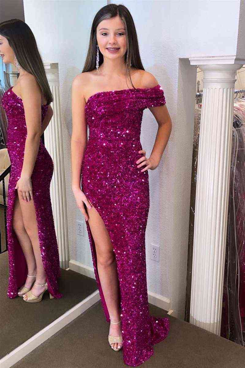Vestido de fiesta largo fucsia con lentejuelas, un hombro al descubierto y abertura en la pierna, vestido de noche formal