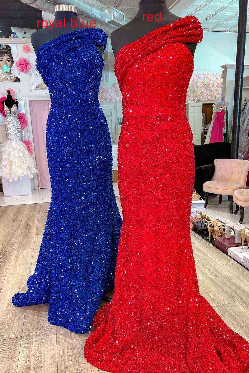 Vestido de fiesta largo de sirena con un solo hombro en rosa intenso, vestidos de cena rojos