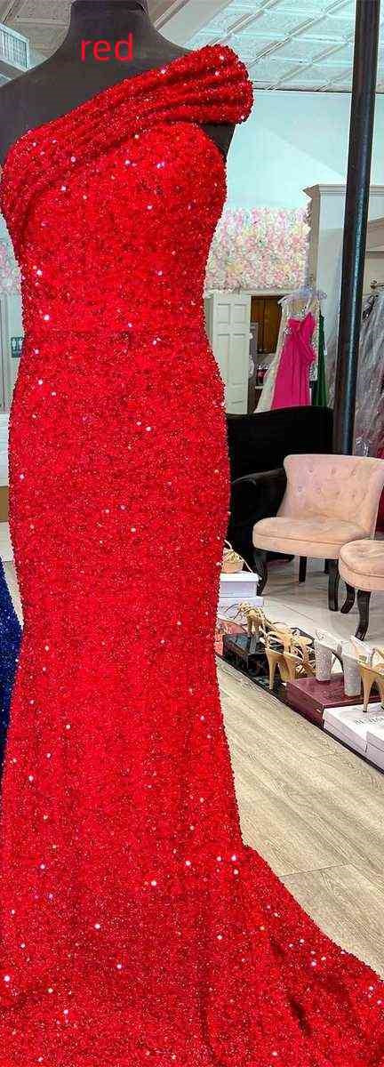 Vestido de fiesta largo de sirena con un solo hombro en rosa intenso, vestidos de cena rojos