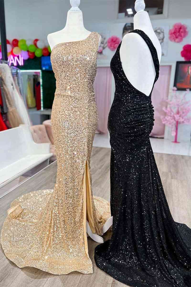 Impresionante vestido de fiesta largo color champán con abertura y lentejuelas de sirena de un solo hombro