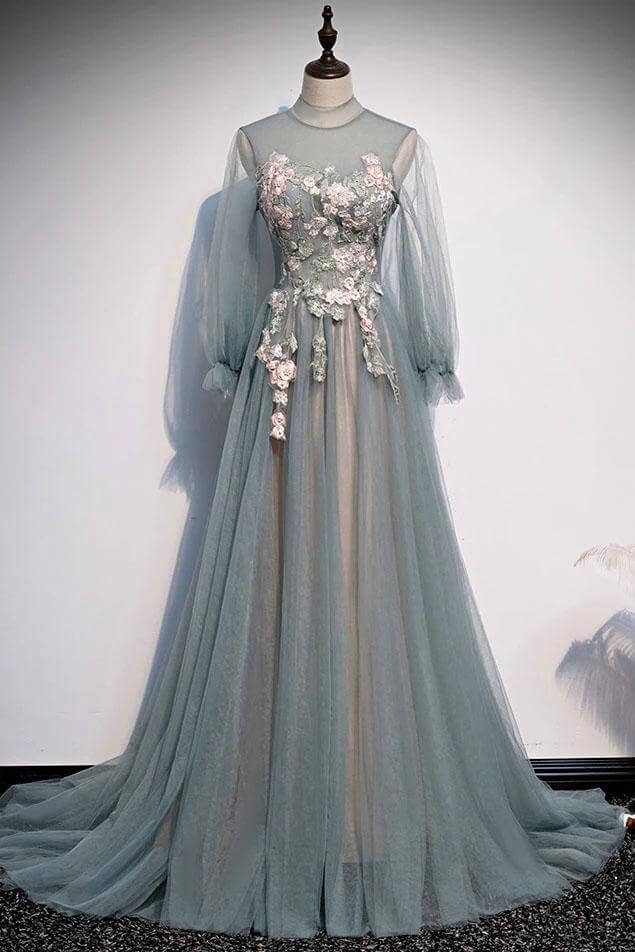 Vestido de fiesta de tul con mangas largas y corte A con flores, vestido de noche largo único con apliques