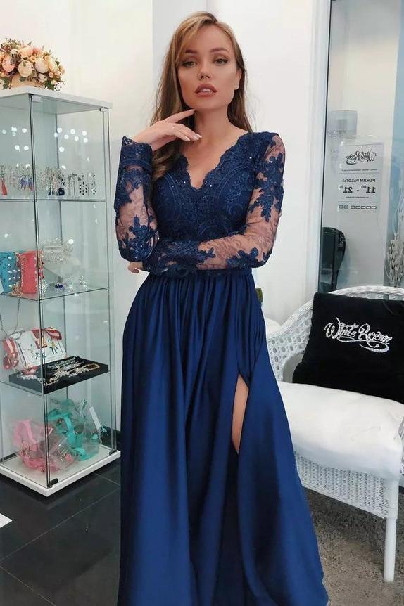 Vestido de fiesta de manga larga color granate con escote en V y encaje, vestido de banquete con abertura