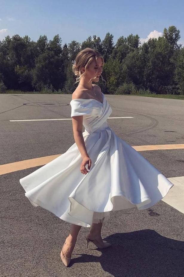 A Line Ankle Length Homecoming Dress, Ivory Off-Shoulder Satin Short Wedding Dress GM400