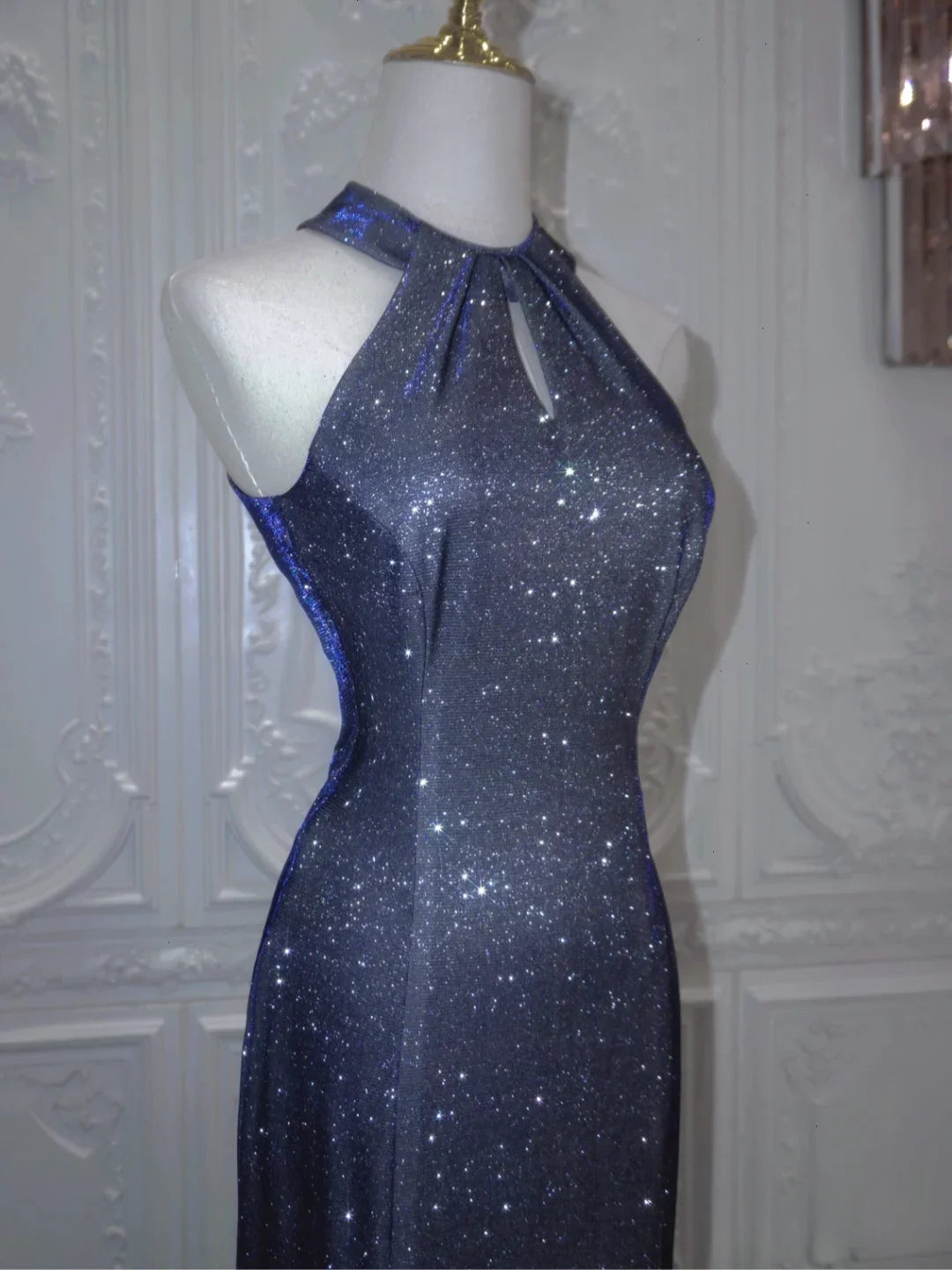 Luxurious Navy Blue Long Evening Gown Mermaid Halter Neck Backless Party Dress cg25265