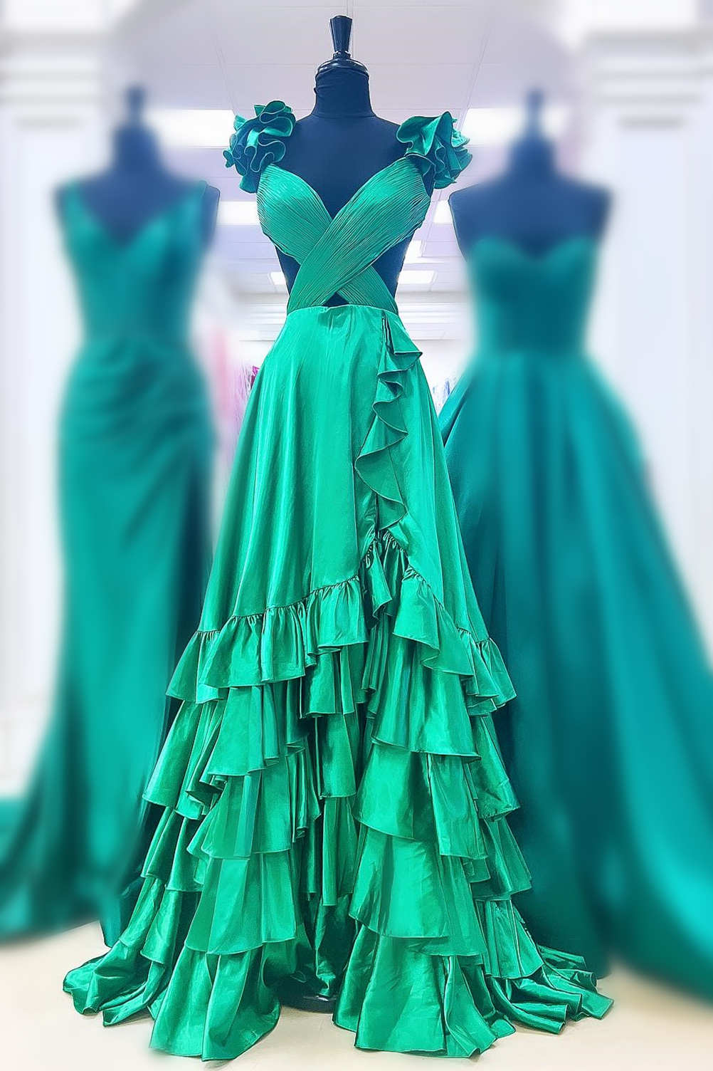 Criss Cross Top Ruffled Straps Red Pleated Layered Long Prom Dresses GP650