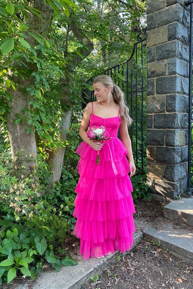 Vestido de fiesta largo de tul con tirantes finos y capas, vestidos de cumpleaños de lujo