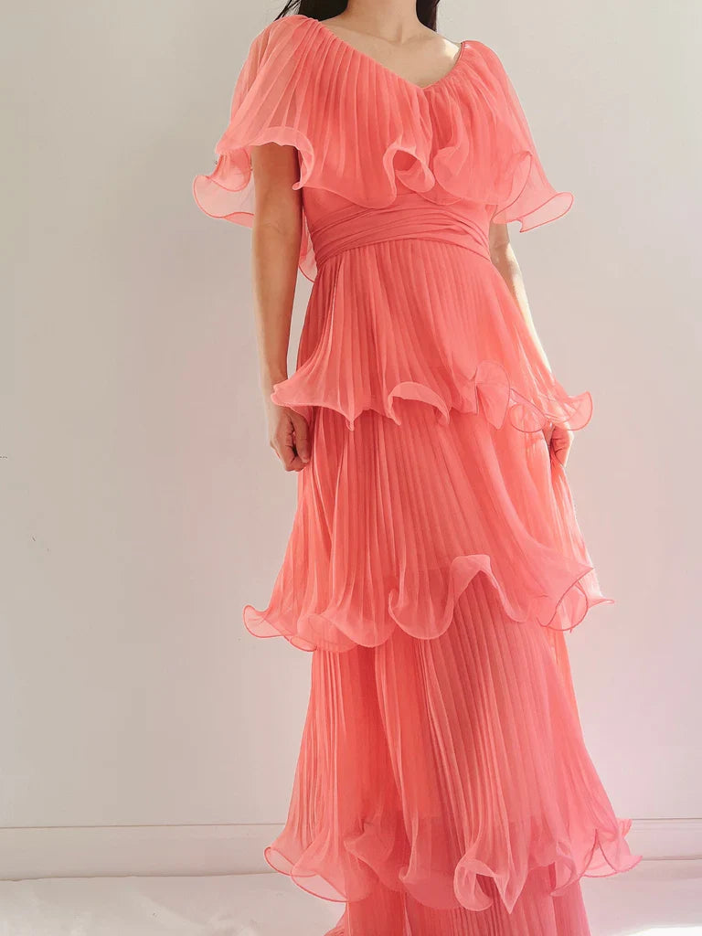 Coral Pink Layered Chiffon A Line V Neck Simple Long Party Dress Evening Dress 18 Birthday Dress SH3627