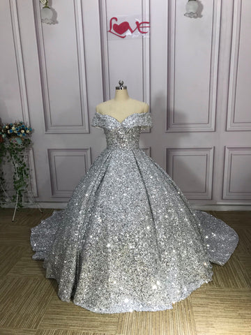 Silver Gorgeous Shiny Off-shoulder Sequin Long Princess Floor-length Ball Gown Evening Dress Wedding Dress gh3445